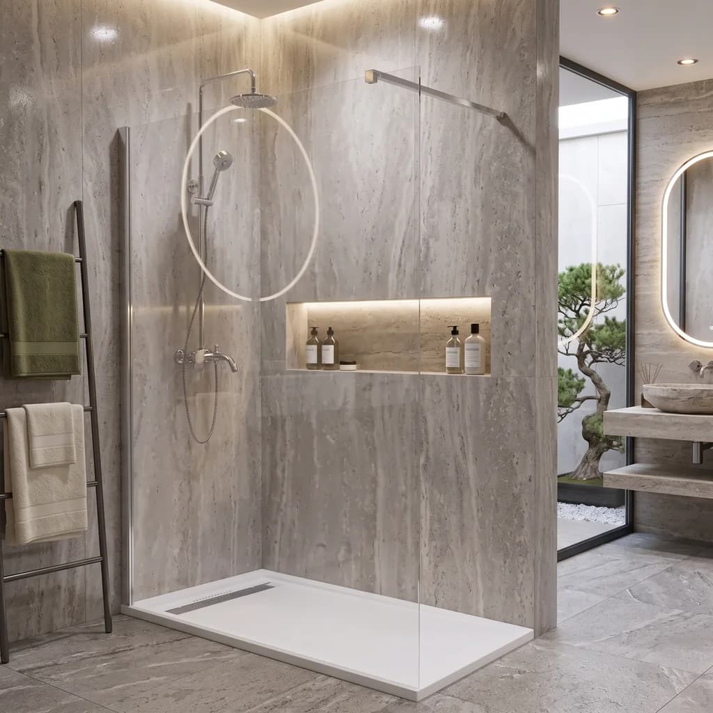 Mampara walk-in (panel fijo): cuándo sí y cuándo moja el baño
